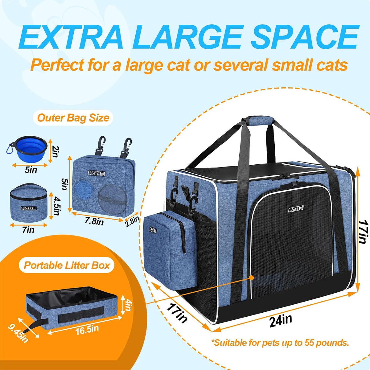 Extra Large Cat Carrier with Litter Box for Car Travel, Blue