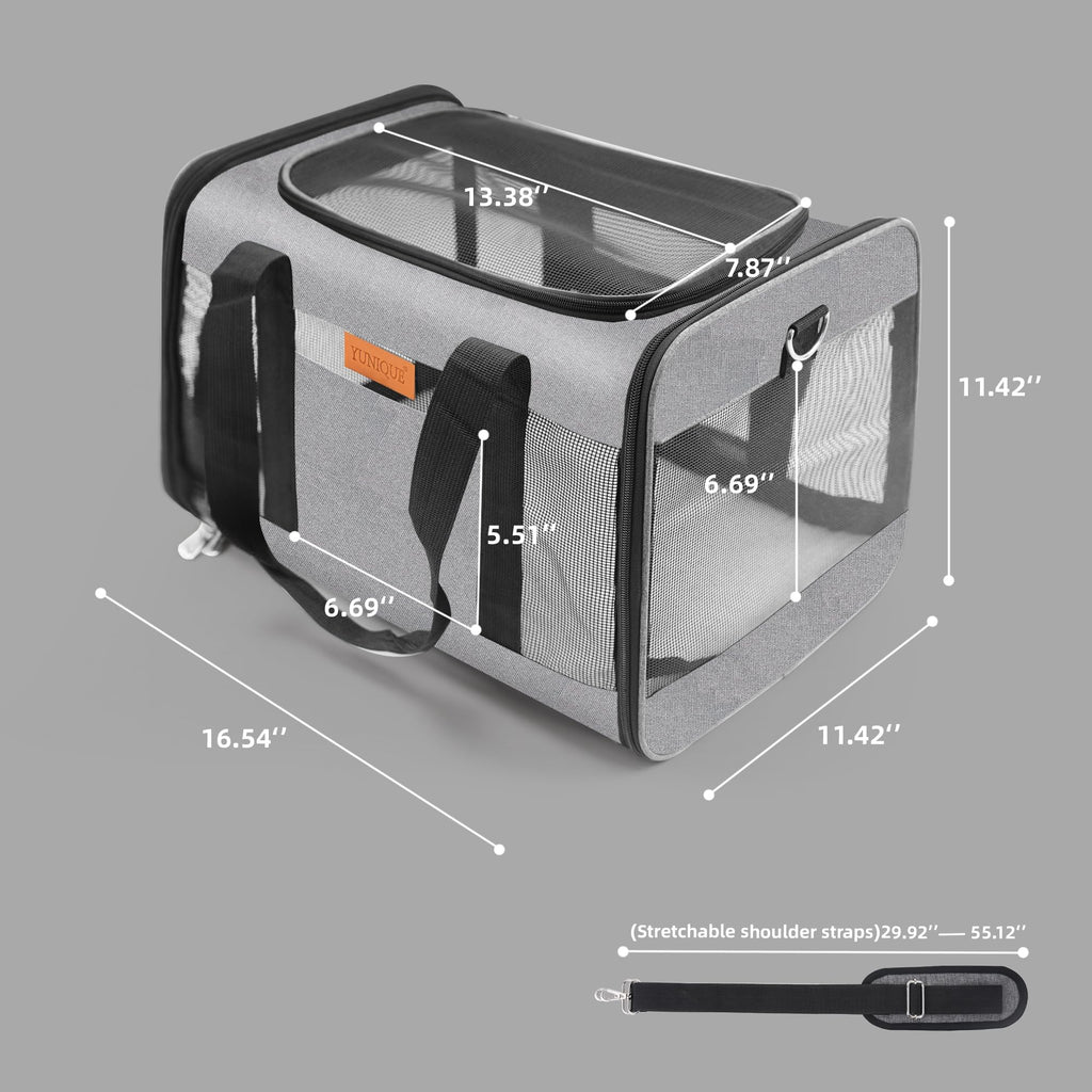 YUNIQUE Soft-Sided Cat & Dog Carrier for Pets Up to 15 Lbs, Airline Approved Collapsible Travel Puppy Carrier with Lightweight Fabric Design (Grey)