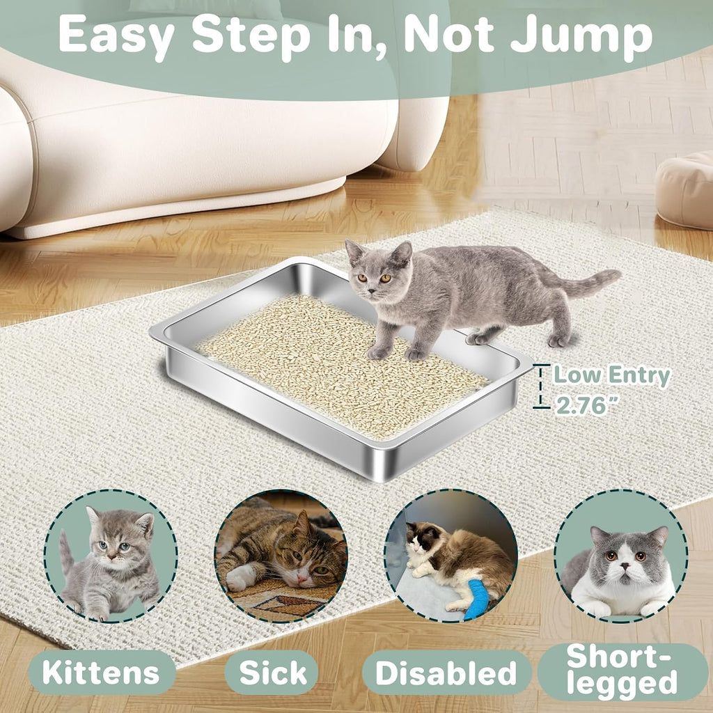 Low Entry Stainless Steel Cat Litter Box for Kittens Small cat, Metal Shallow Kitty Litter Box, Easy Access Kitty Litter