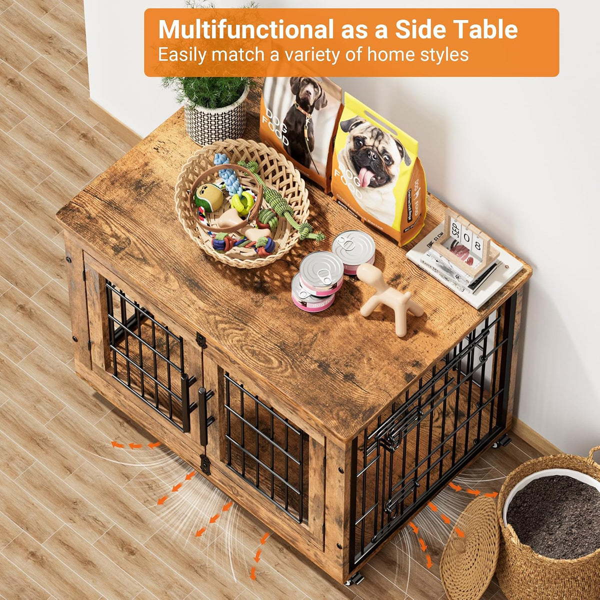 Medium Dog Crate Furniture, 32'' Heavy Duty Kennel w/Cushion & Wheels