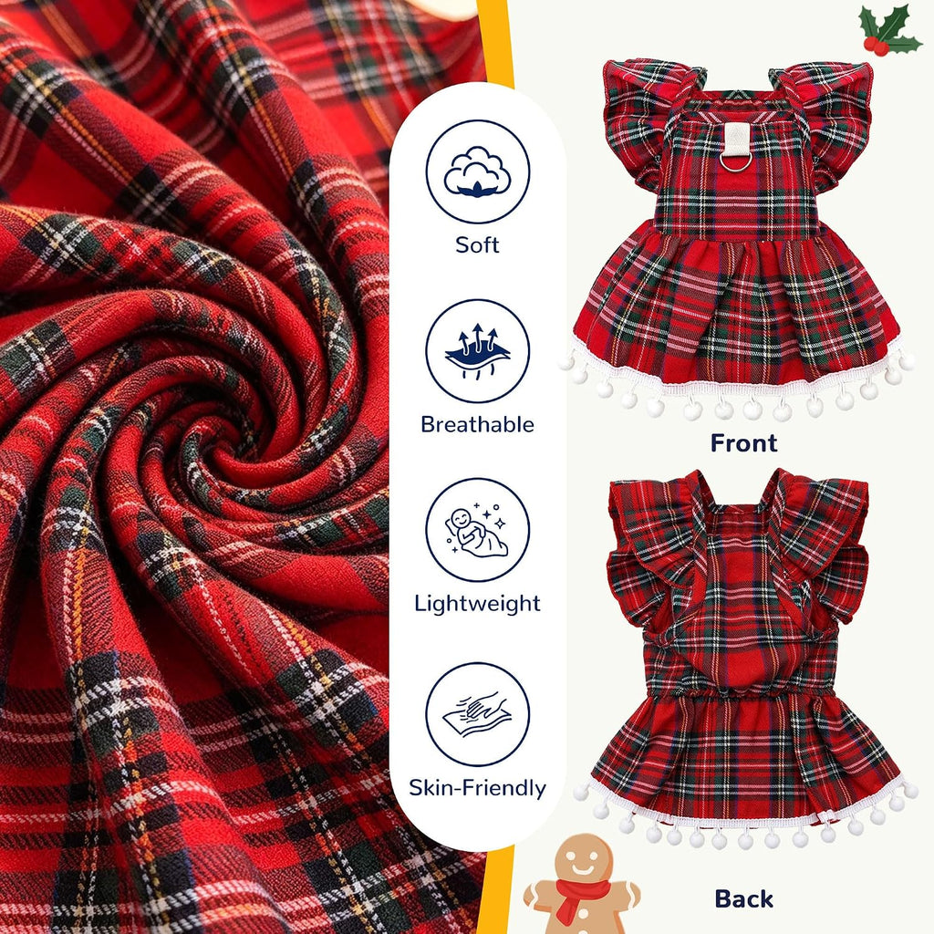 Plaid Small Dog Cat Christmas Dress Outfits with Bow & Leash D-Ring,Soft Breathable Cute Ruffle Xmas Puppy Clothes Girl,