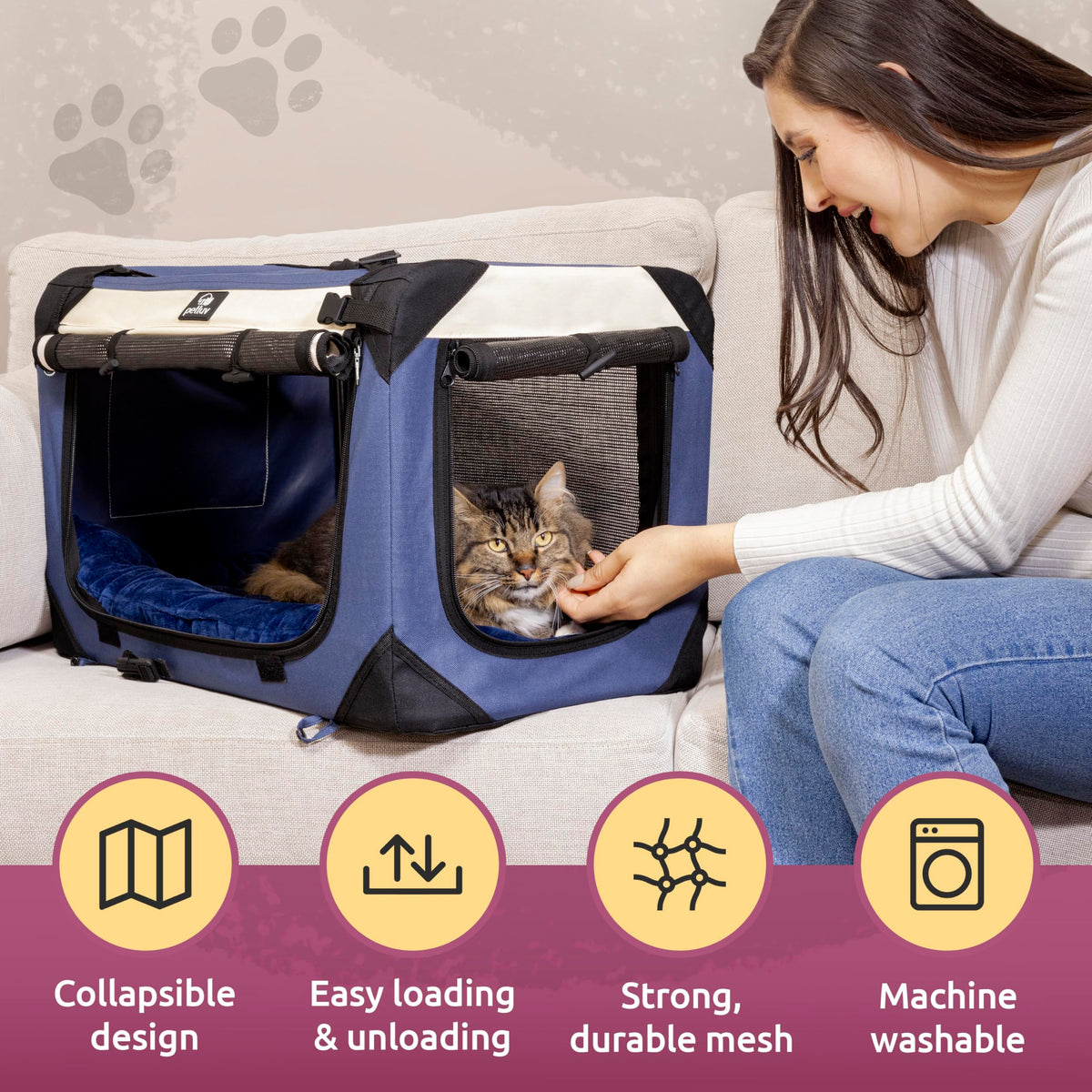 Cat & Dog Pet Carrier, Fits 2 Cats or Medium Dog Comfortably, Large, Navy