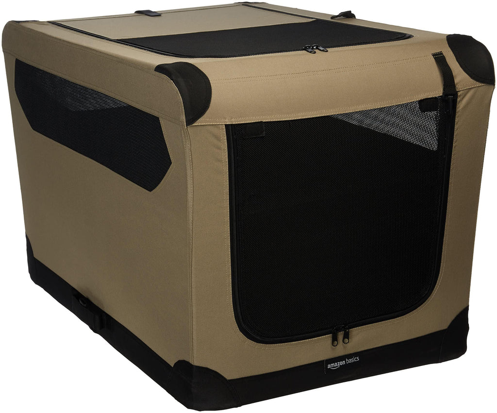 Amazon Basics Portable Folding Soft Dog Crate for Cat, Dog, Rabbit, Double Door with Mesh Ventilation, Collapsible, Easy to Set Up, Large 36" x 24" x 24", Tan