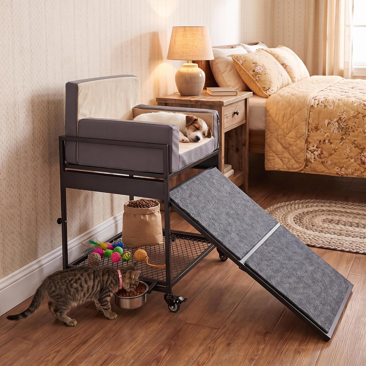 GarveeLife Pet Stairs Ramp Pet Window Perch with Bowls & Storage, Rolling