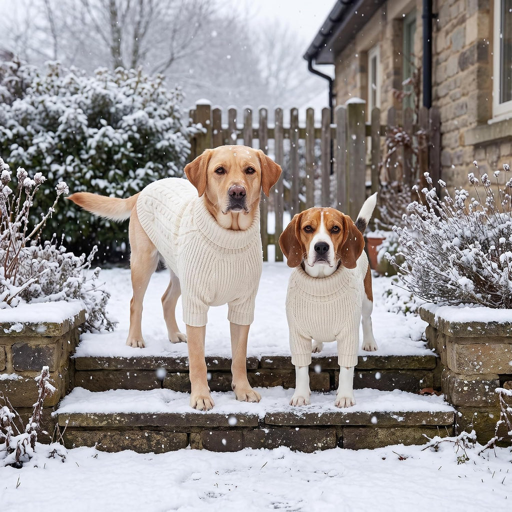 Dog Sweater Turtleneck Cable Knit Pet Sweater for Medium Large Dogs Soft Warm Cream White Dog Winter Clothes with Sleeve