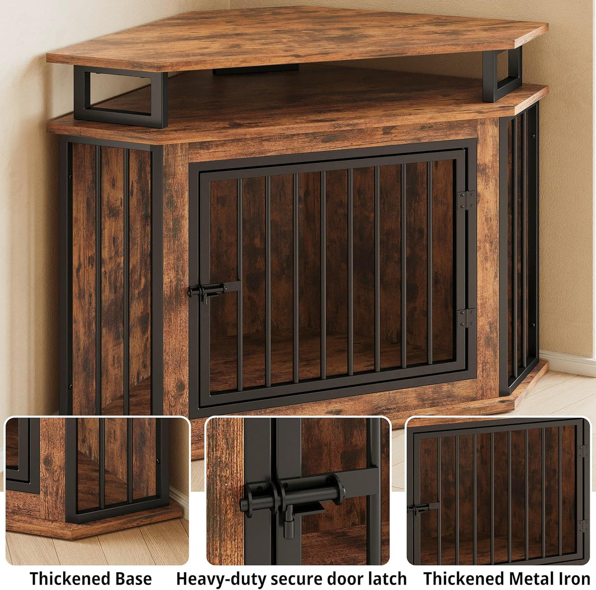 IRONCK 43.3" Corner Dog Crate Furniture with 2-Tier Shelves Rustic Brown