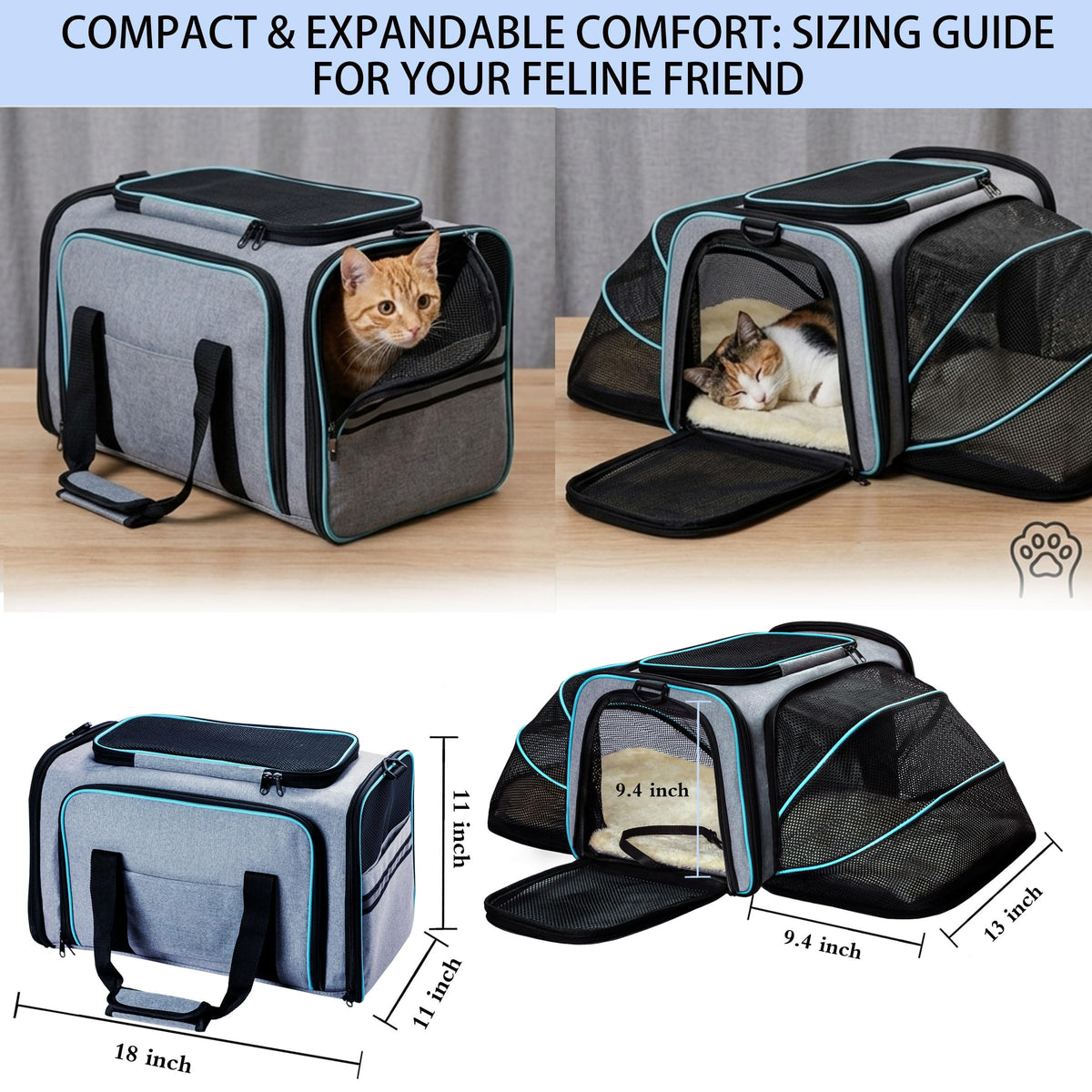 Cat Dog Carrier - Airline Approved Expandable Soft-Sided Pet Carrier with Removable Fleece Pad and Pockets, for Cats/Puppy and Small Animals Large(2 side expandable)