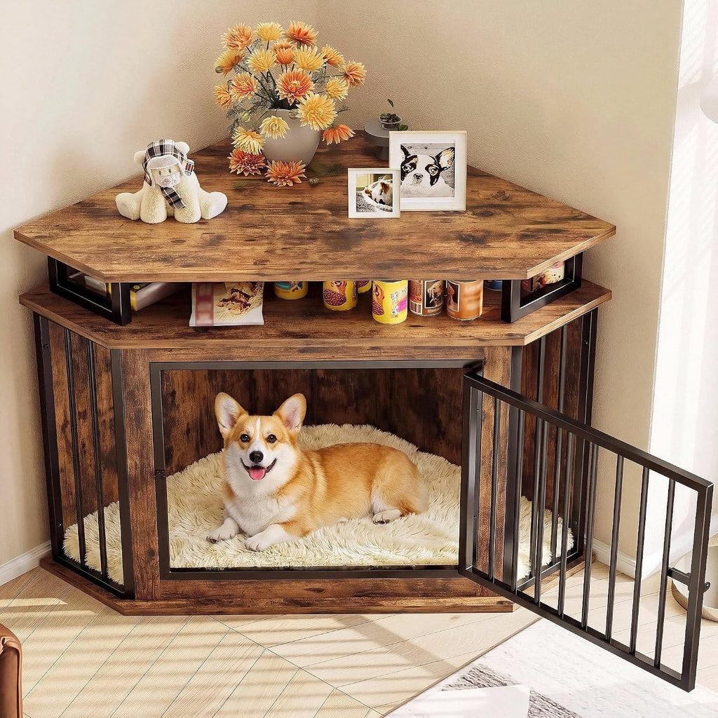 IRONCK 43.3" Corner Dog Crate Furniture with 2-Tier Shelves Rustic Brown