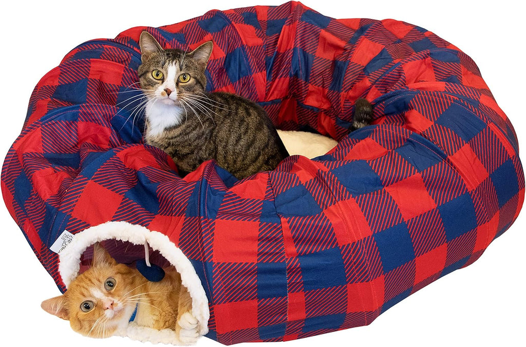 Kitty City Large Cat Tunnel Bed, 2-in-1 Zip-Together Cat Play Tunnel & Plush Nap Bed, Pop-Up Indoor Cat Toy with Hanging