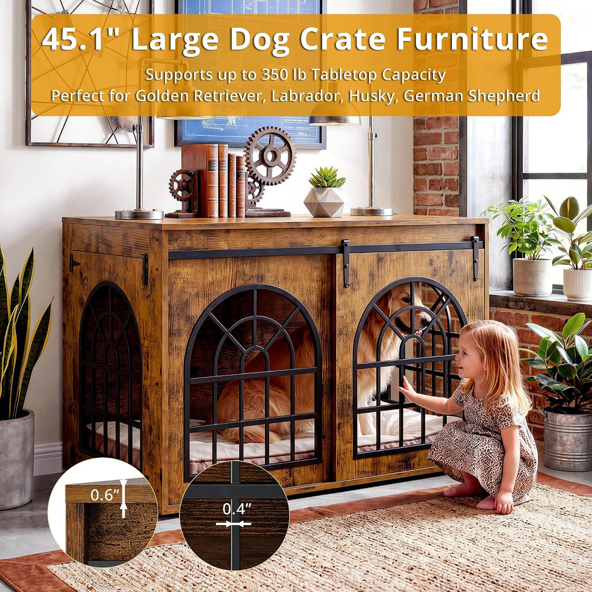 IRONCK 45.1" Dog Crate Furniture with Sliding Barn Door (Brown)