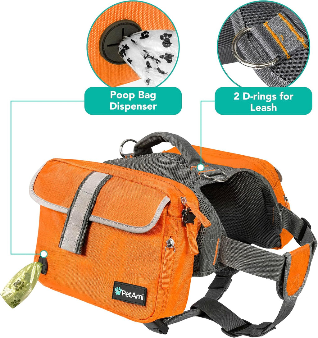 PetAmi Dog Backpack for Medium Large Dogs, Hiking Saddle Bag, Orange