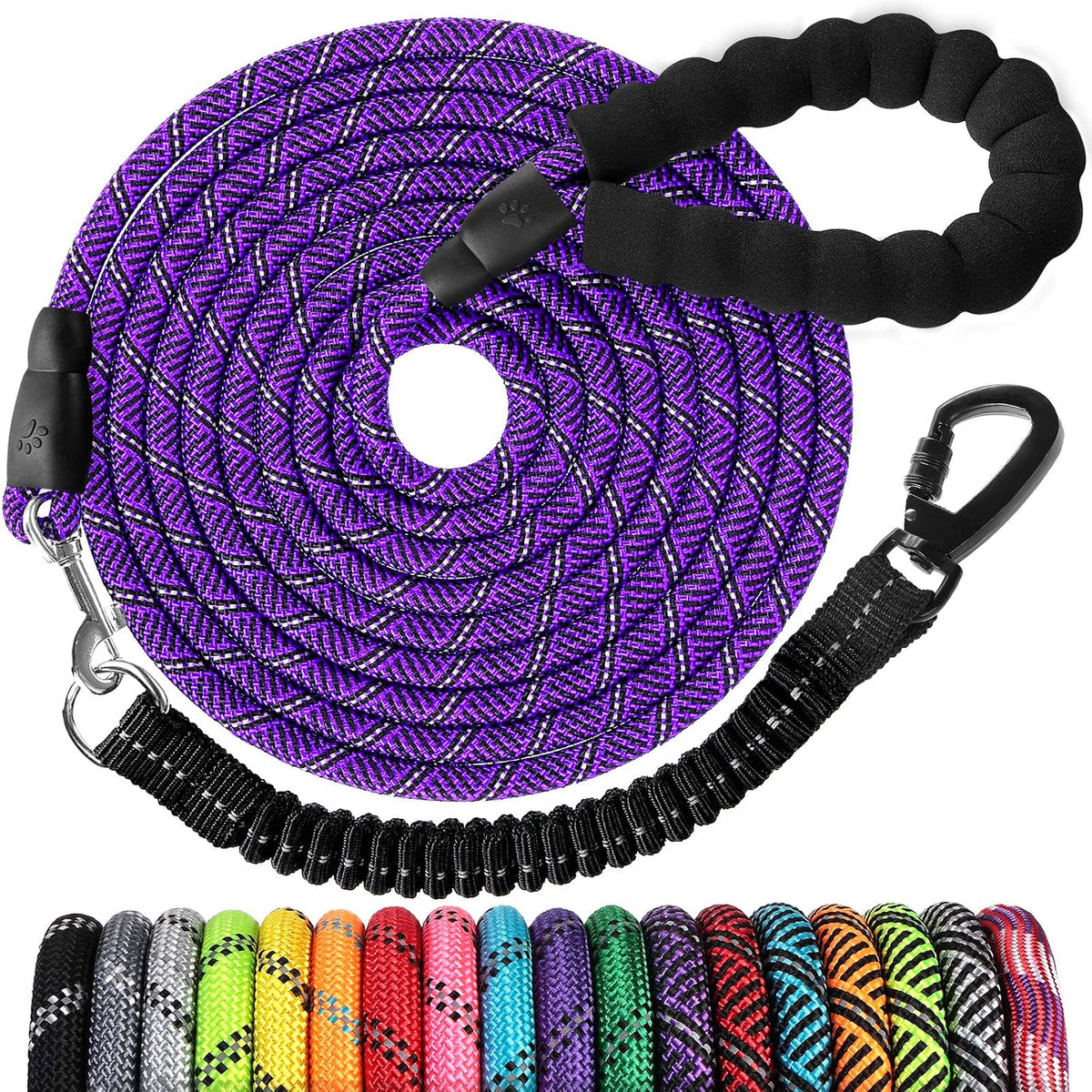 Long Dog Leash 10 FT: Heavy Duty Rope Leashes for Dogs Training with Swivel Lockable Hook Reflective Threads Bungee and 