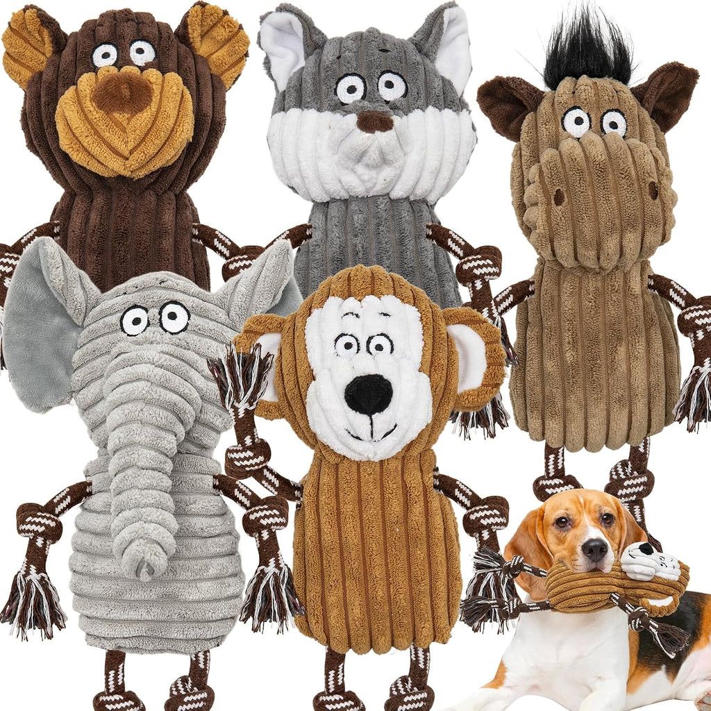 5 pack Large dog Squeaky Toys,Tough Stuffed Plush dog chew Toys Assortment ,Durable plush Animal dog Toys with Tug of Wa