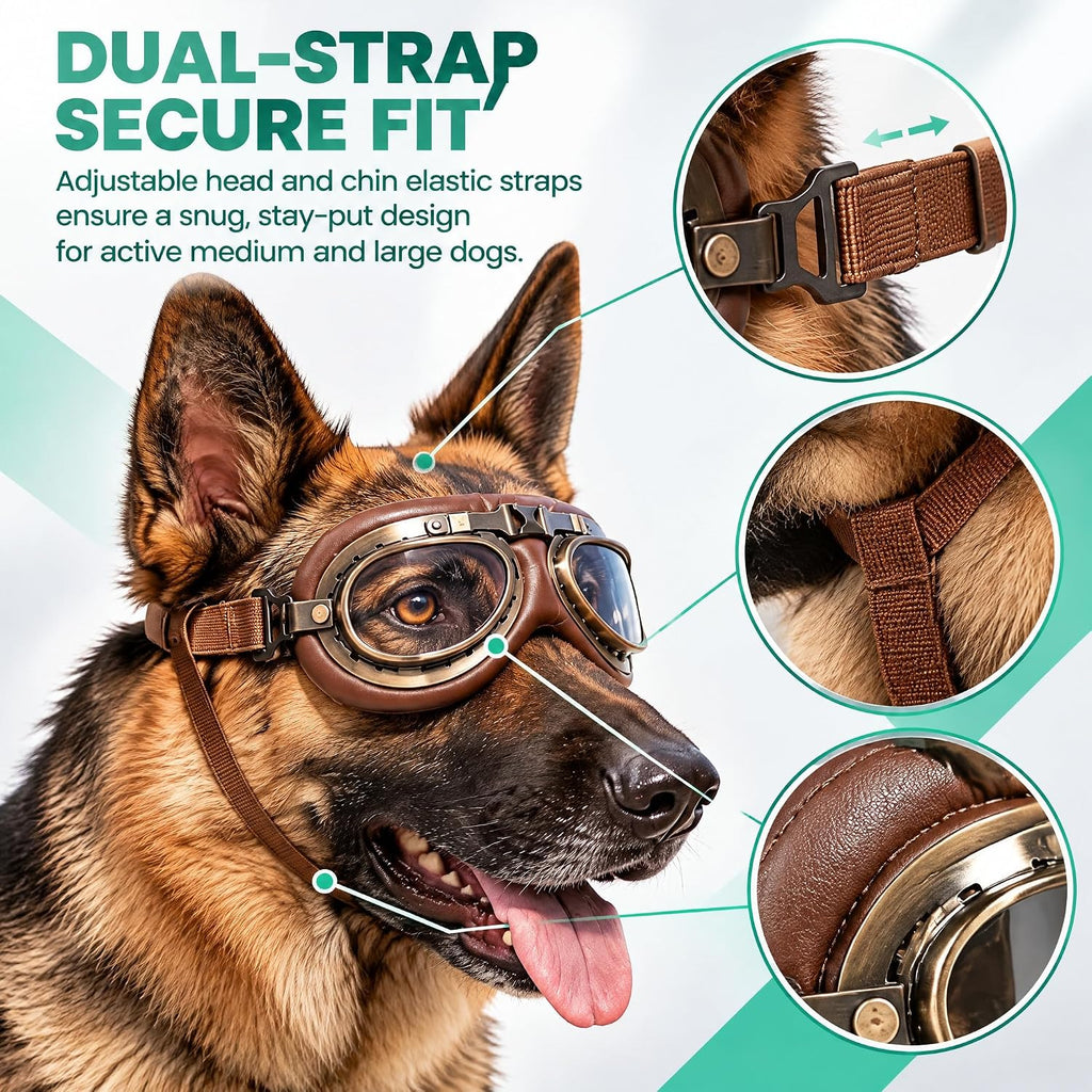Vintage Dog Goggles Adjustable Strap Retro Aviator Foldable PC Lens