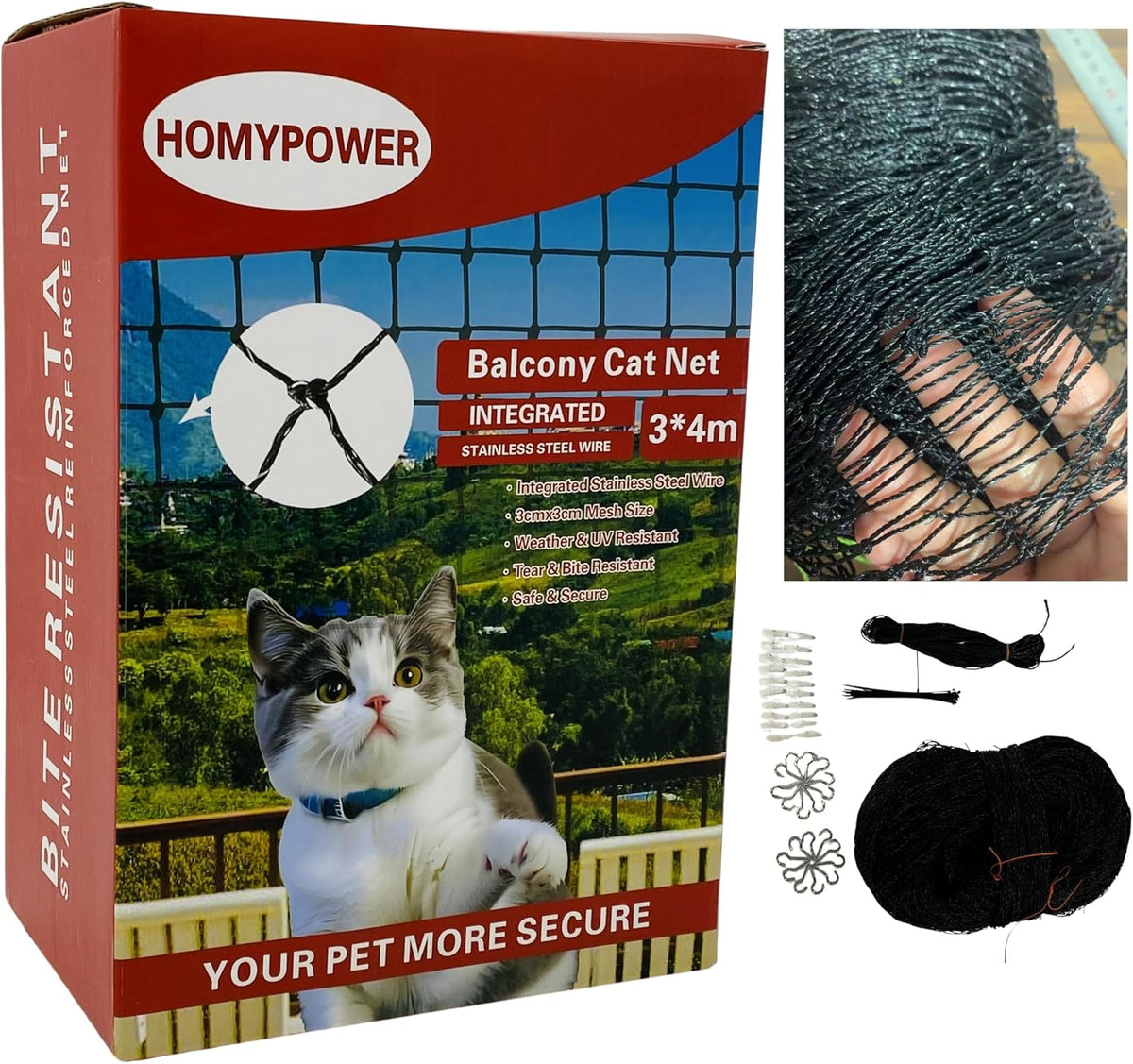 Cat Netting Balcony, 10x13 ft Stainless Steel Reinforced Bite Tear UV and Weather-Resistant Anti-Fall Netting for Pets, 