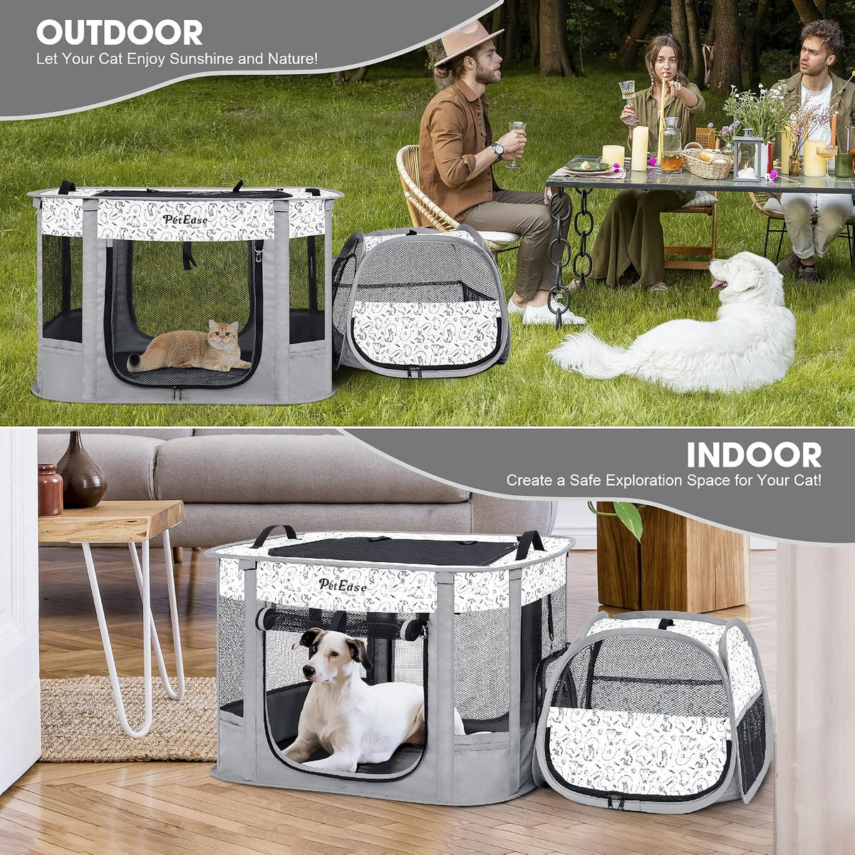 Portable Cat Playpen with Litter Box, Cat Enclosure for Camping, Cat Recovery Playpen After Surgery, Foldable Indoor Out