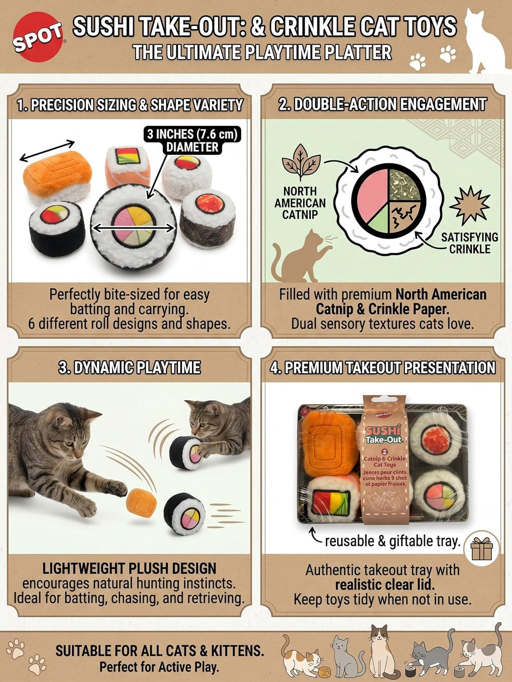 SPOT Sushi Roll Take-Out Cat Toys, Catnip and Crinkle Filled Soft Plush Toys for Indoor Cats, for Single or Multi-Cat Ho