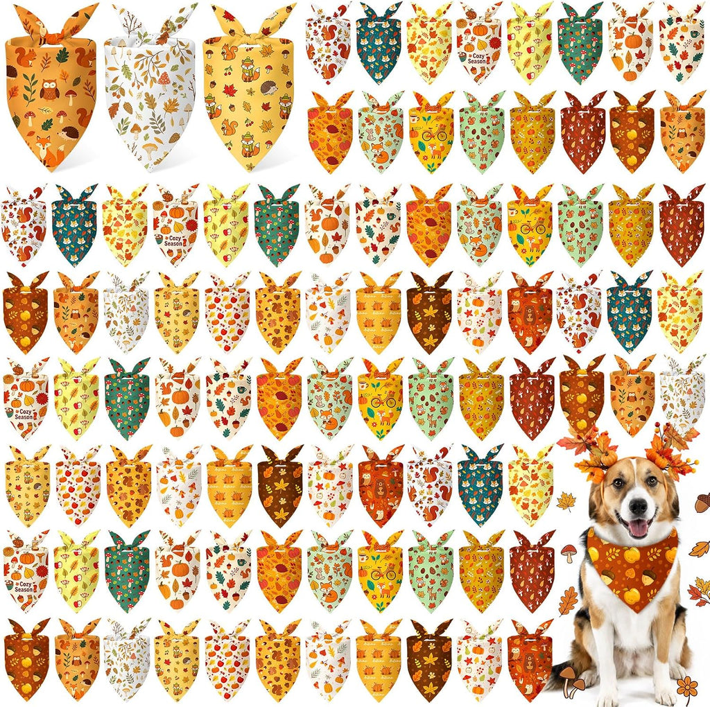 Abbylike 100 Pcs Fall Thanksgiving Dog Bandanas Bulk, Leaf Pumpkin Acorn