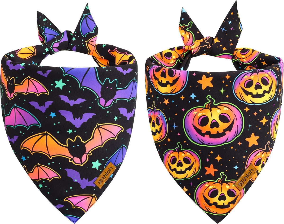 Halloween Dog Bandanas - 2 Pack Reversible Pumpkin and Bat Pet Scarf for Boys and Girls | Fall Dog Bibs | Premium Durabl