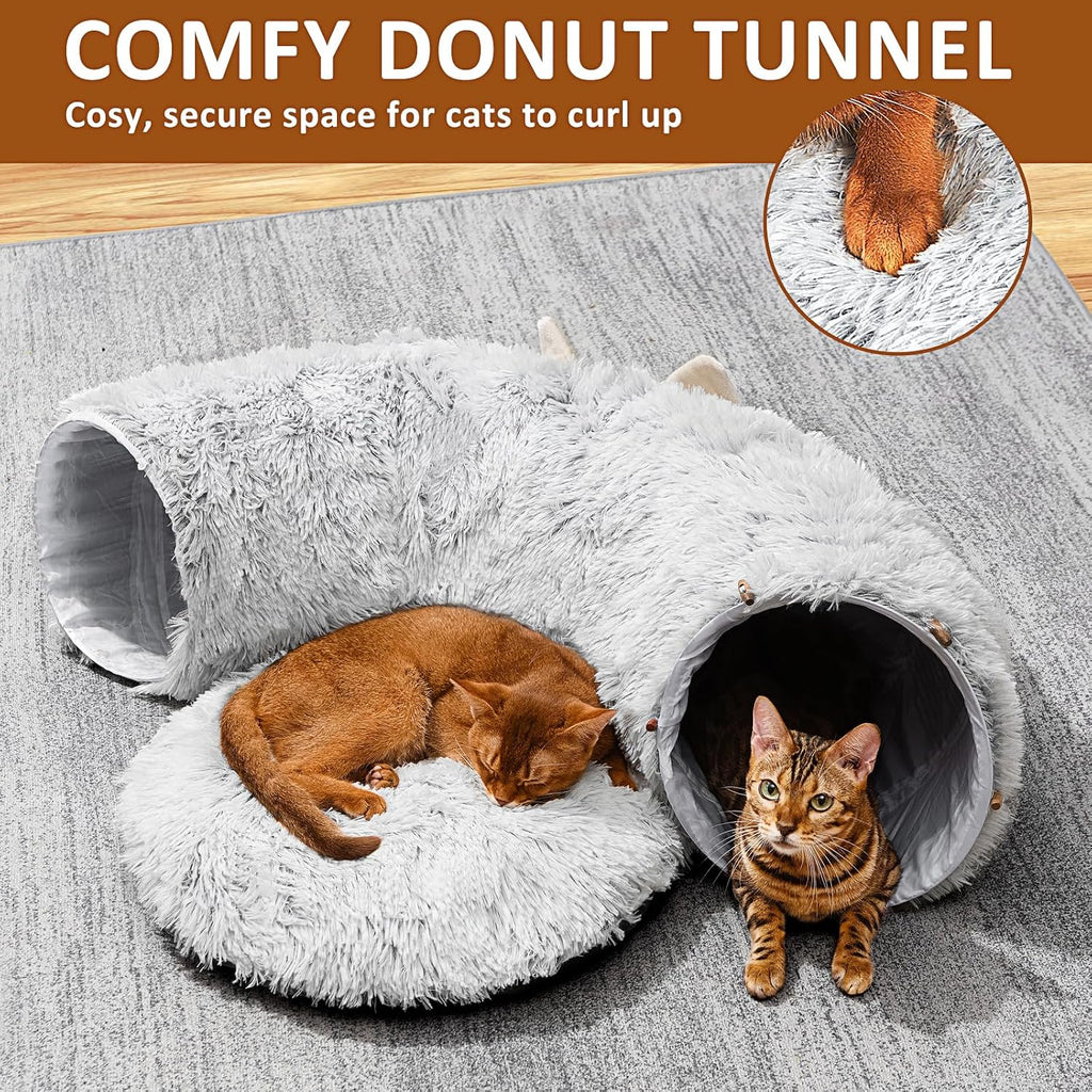 Cat Tunnel with Cat Bed for Indoor Cats, Under Christmas Tree Soft Plush Peekaboo Cat Cave Donut Tunnel, Multifunctional