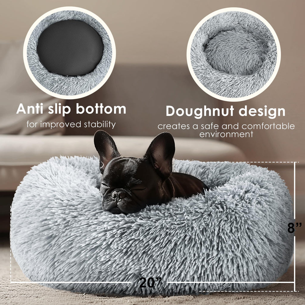 Hoewina Dog & Cat Bed for Indoor Cats, 20in Calming Donut Bed (Light Grey)