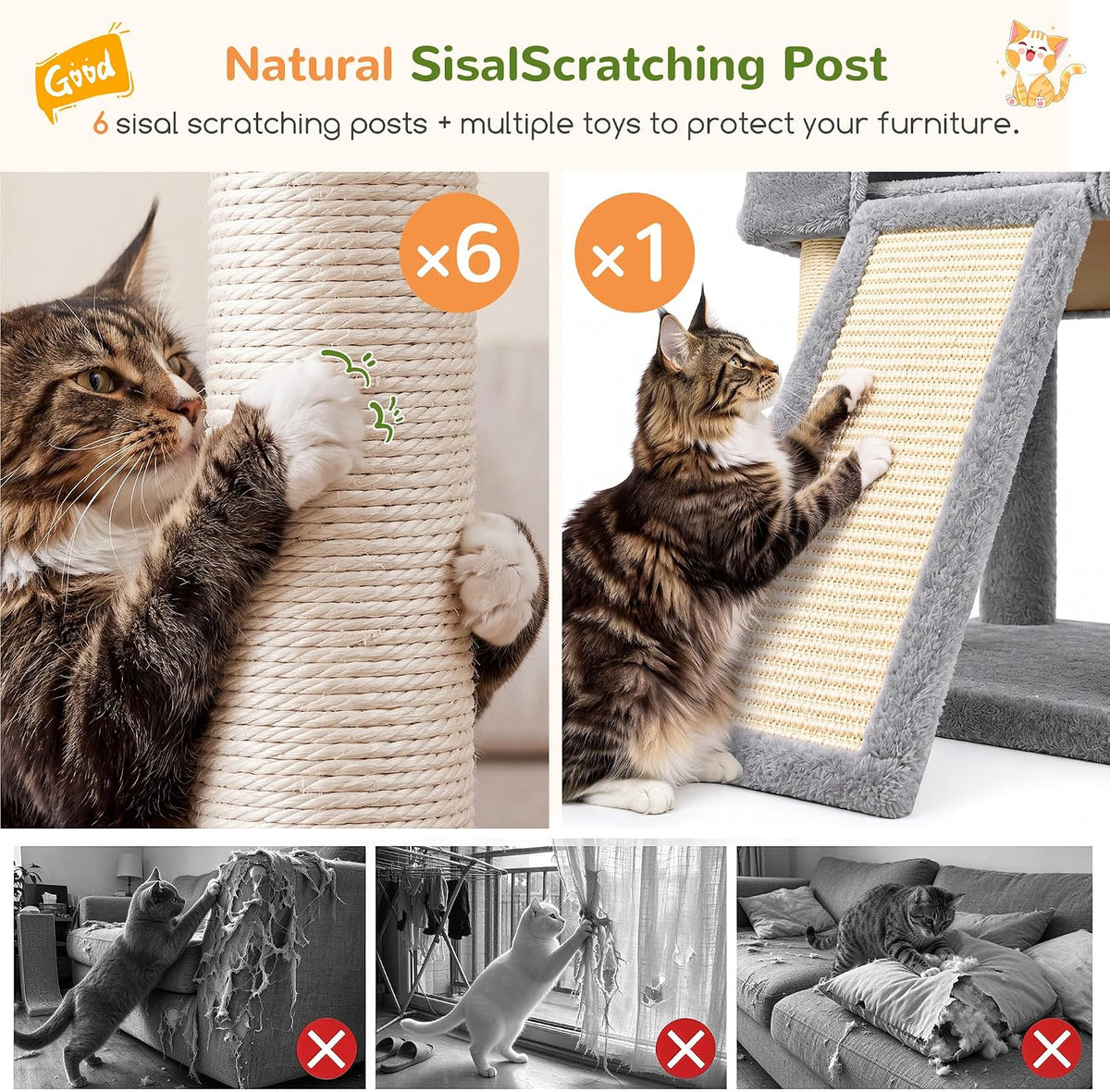 Globlazer Sturdy Cat Tree for Large Adult Cats with Scratching Posts, C52