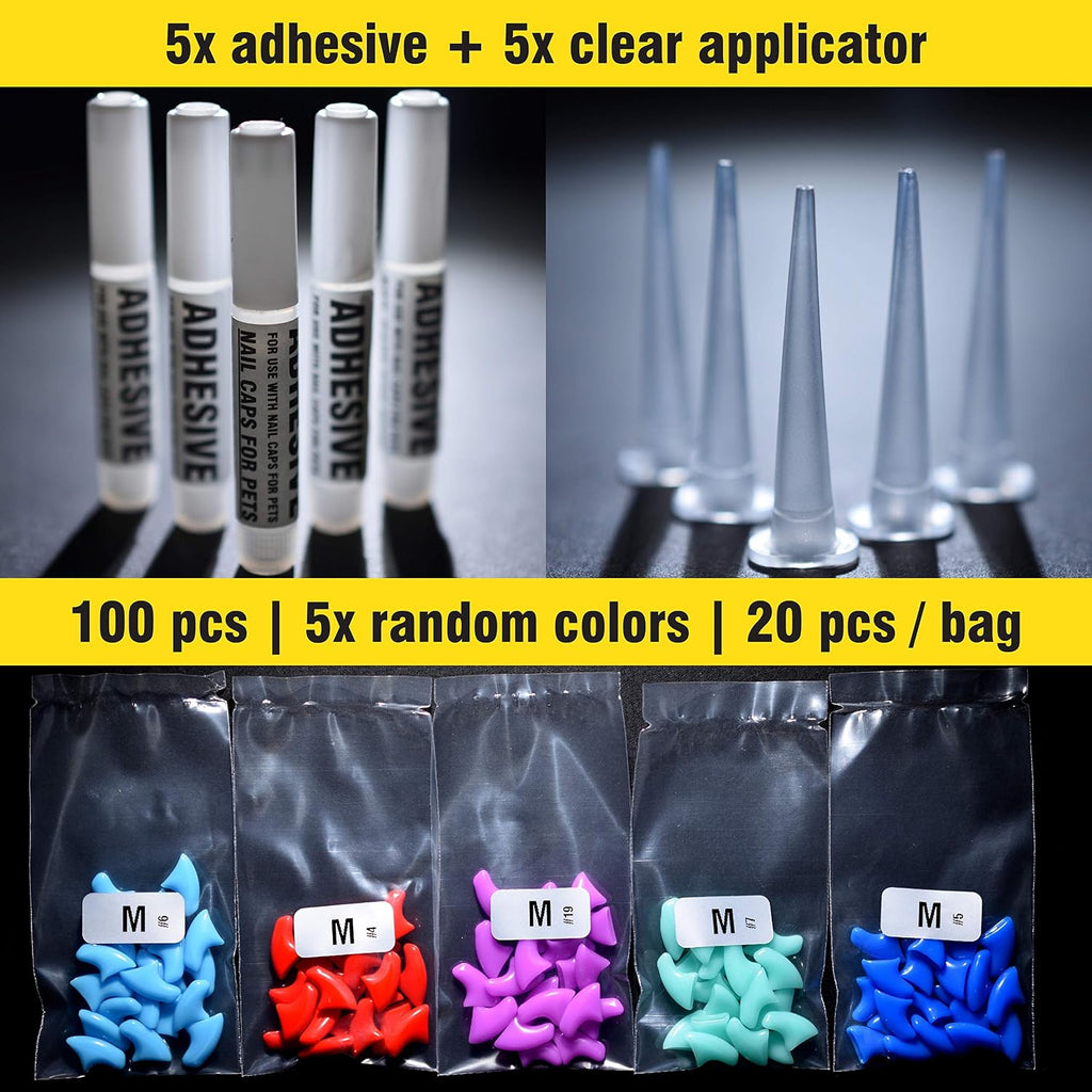 zetpo Cat Nail Caps | Cat Claw Covers | with Adhesives and Applicators (M, 5X Solid Random Colors | 100 pcs)