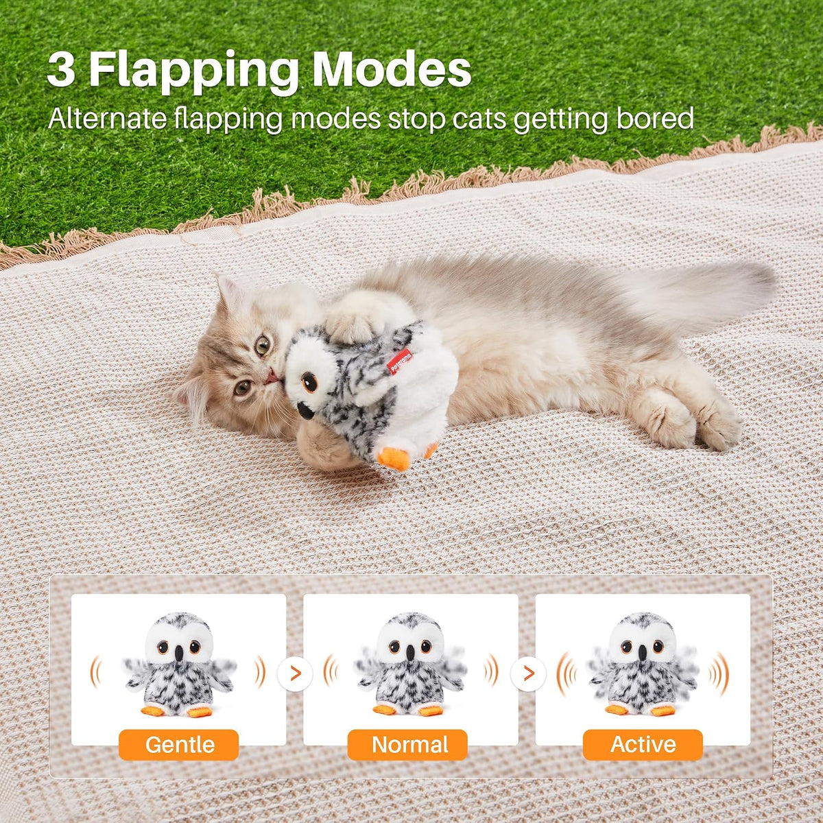 Potaroma Flapping Owl Cat Toys (No Flying), Lifelike Bird Chirp, Rechargeable Touch Activated Kitten Toy, Interactive Ca