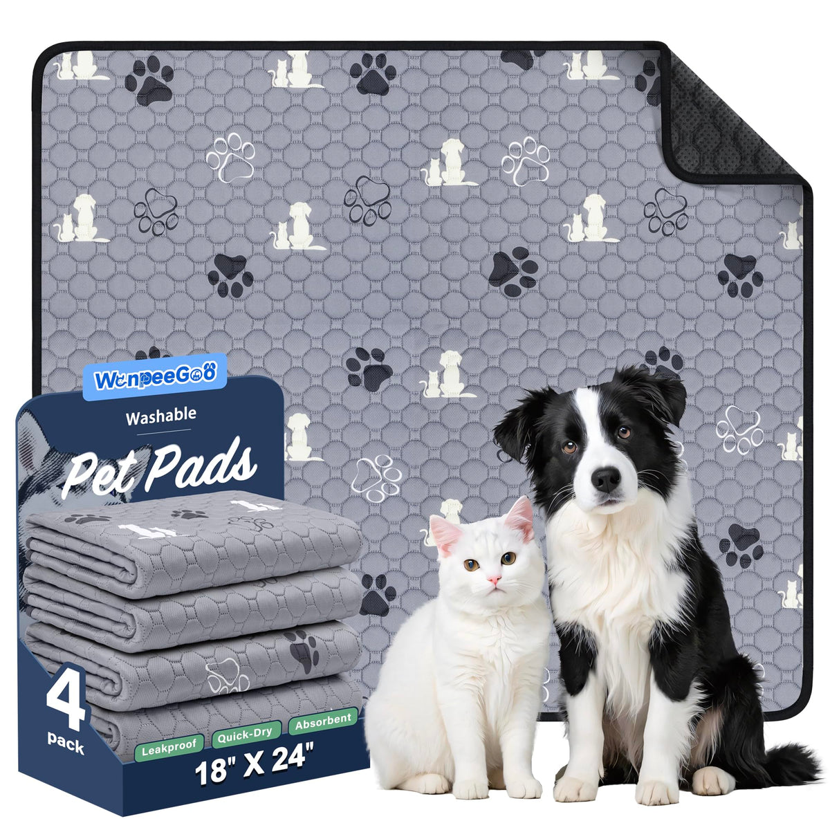 WanpeeGoo Washable Pee Pads for Dogs, Waterproof, 18 x 24 In, 4 Pack, Gray