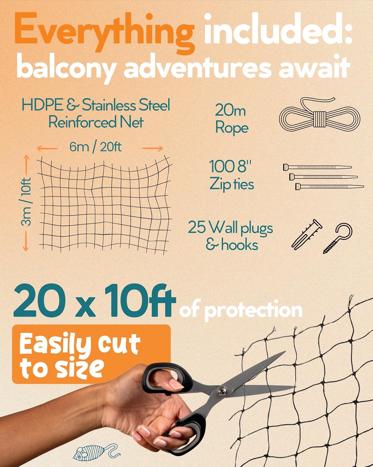 Steel Reinforced Cat Netting for Balcony - Cat Net for Catio – Safety Netting for Pets - Animal Proof Screen - Strong Pe