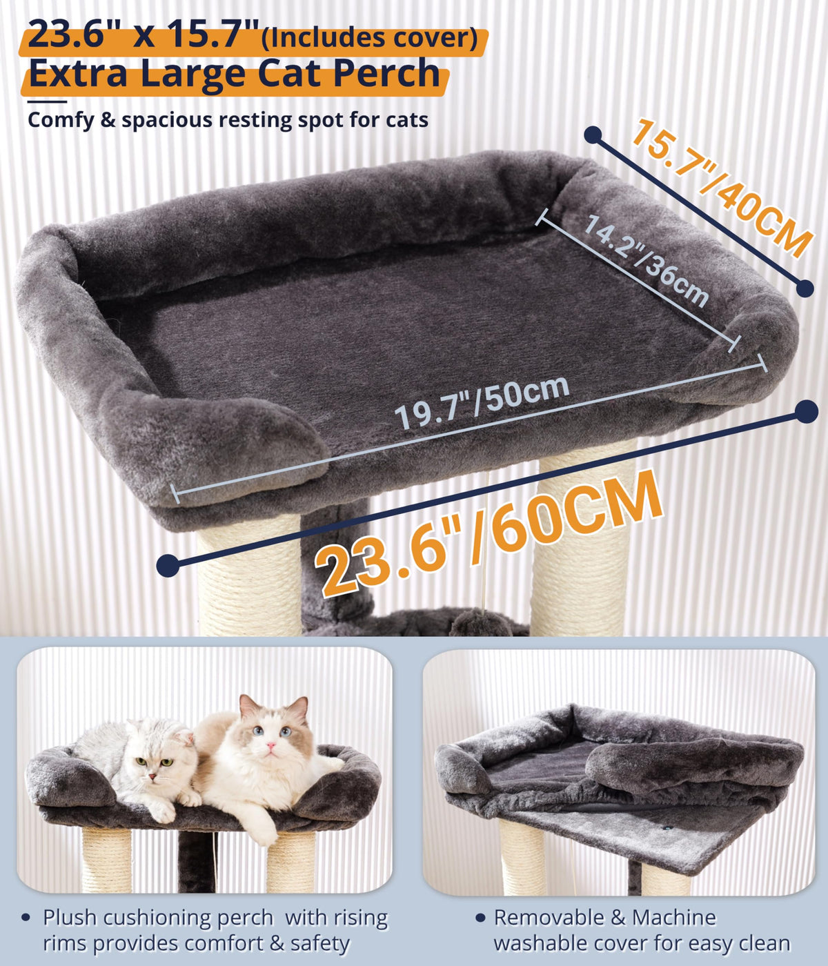Happi N Pets 28" Cat Tree, Large Bed for Big Cats, Small Cat Tower with Soft Perch for Window Viewing, Stable Cat Tree Tower, Cat Scratching Post with Hammock, Removable Cover-Gray