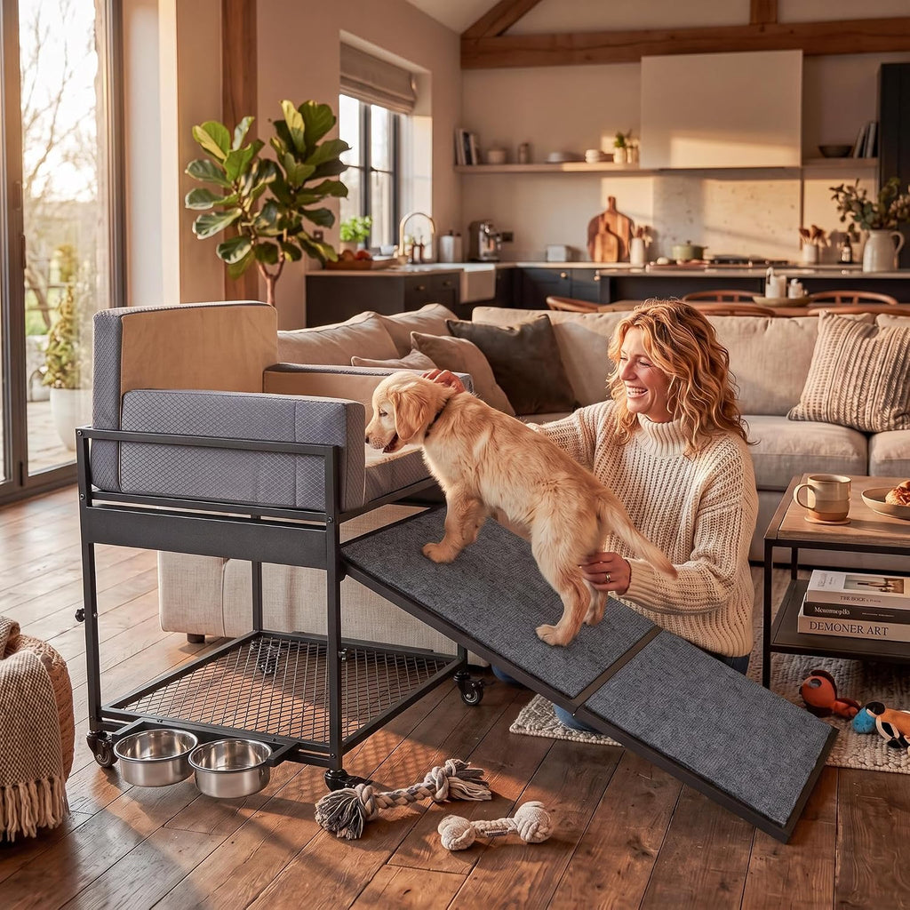 GarveeLife Pet Stairs Ramp Pet Window Perch with Bowls & Storage, Rolling