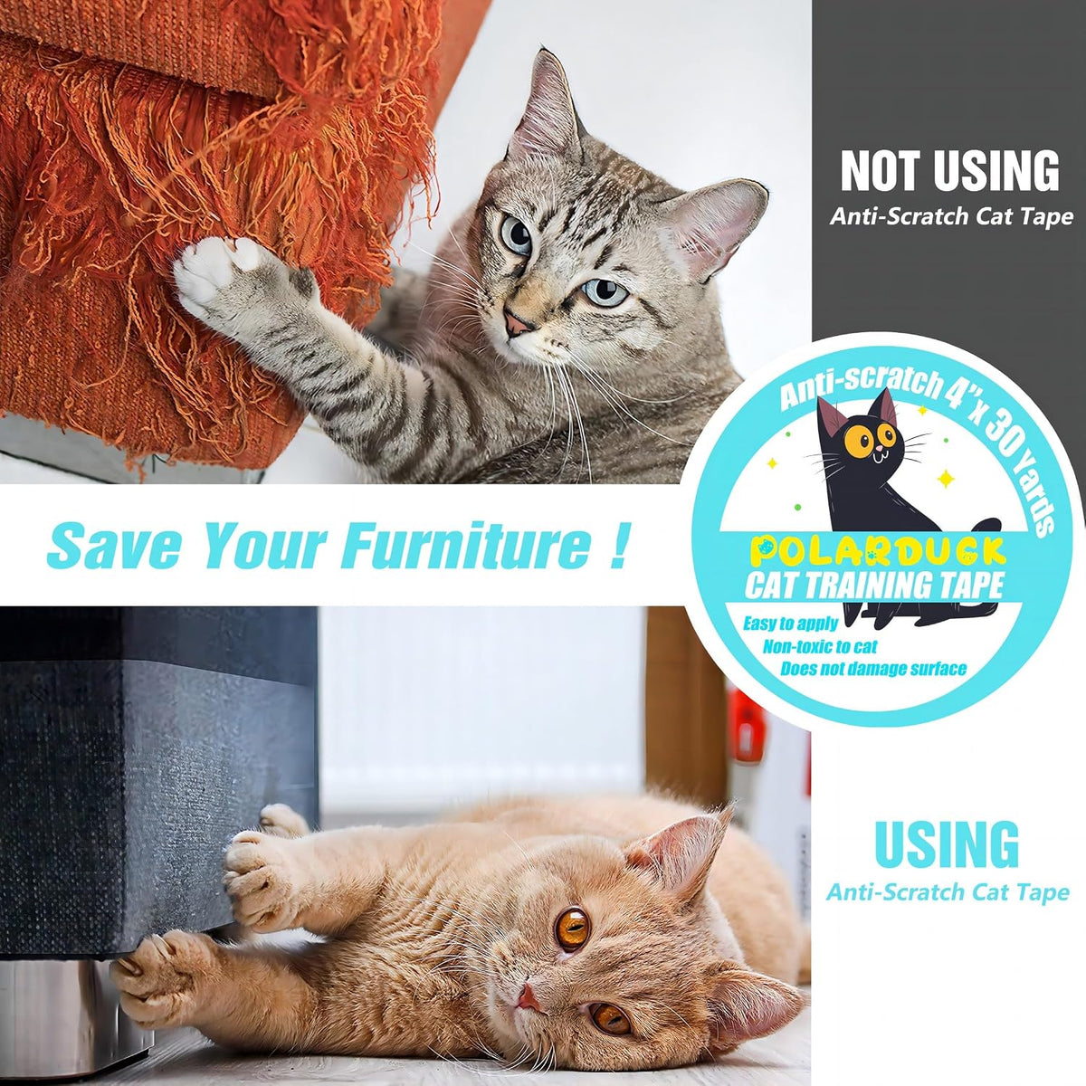 Anti Cat Scratch Tape: 4 inches x 30 Yards Cat Training Tape 100% Transparent Clear Double Sided Cat Scratch Deterrent T