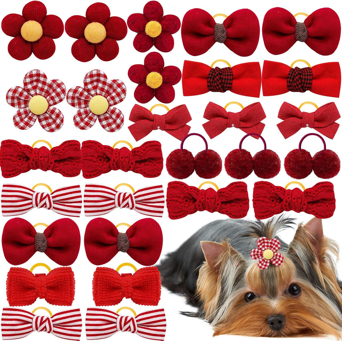 20Pcs Brown Dog Hair Bows with Rubber Bands for Small Medium Dogs