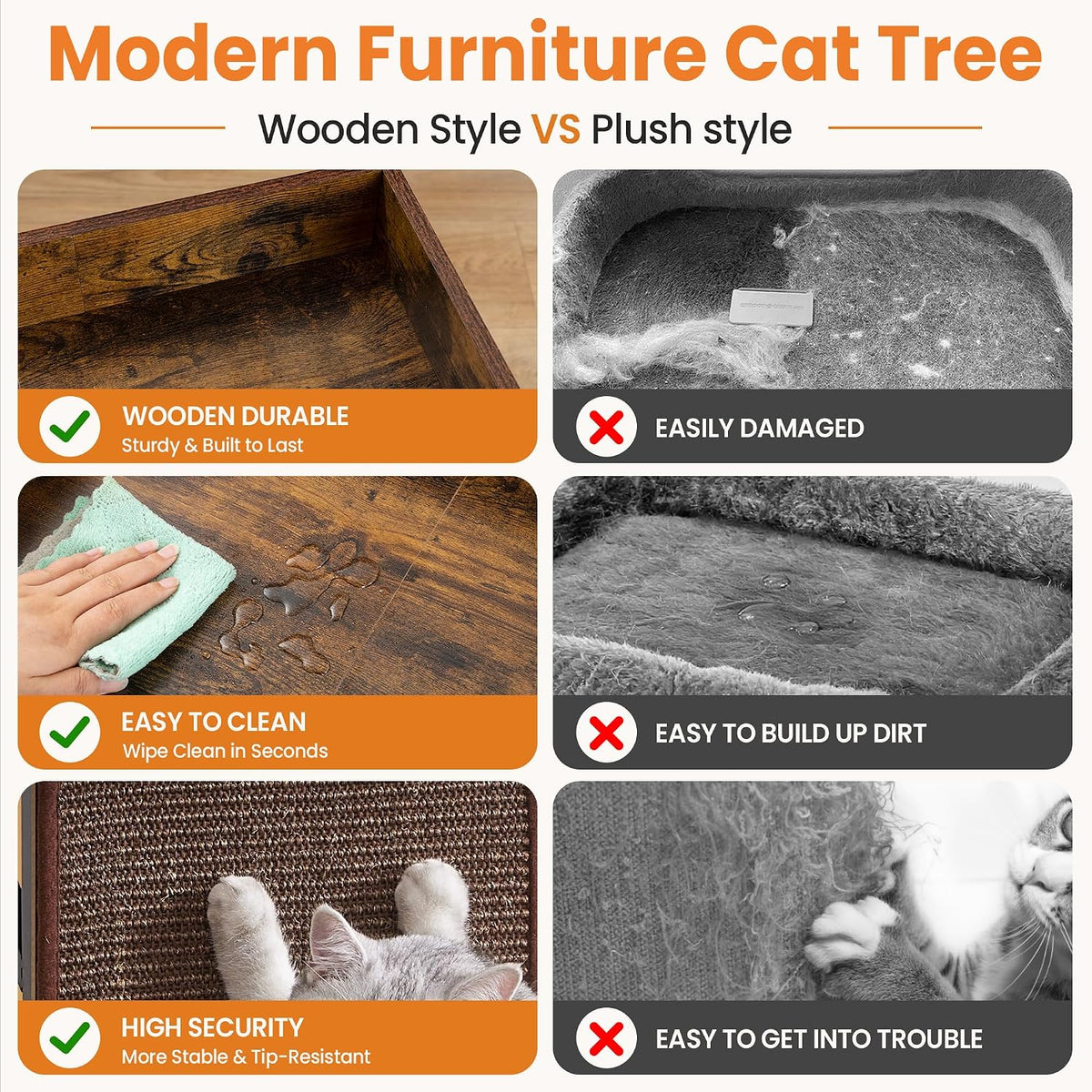 Modern Wood Cat Tree Tower for Indoor Large Adult Cats with Big Perch Bed
