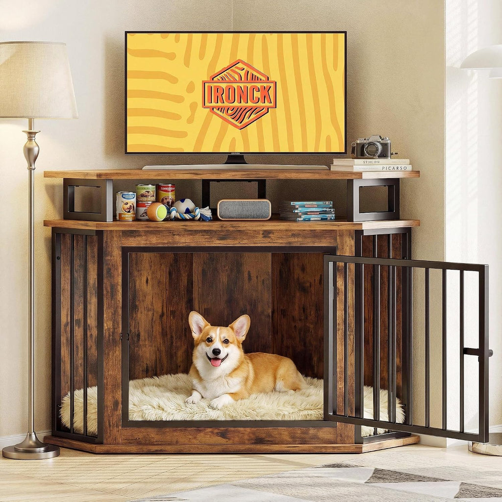 IRONCK 43.3" Corner Dog Crate Furniture with 2-Tier Shelves Rustic Brown
