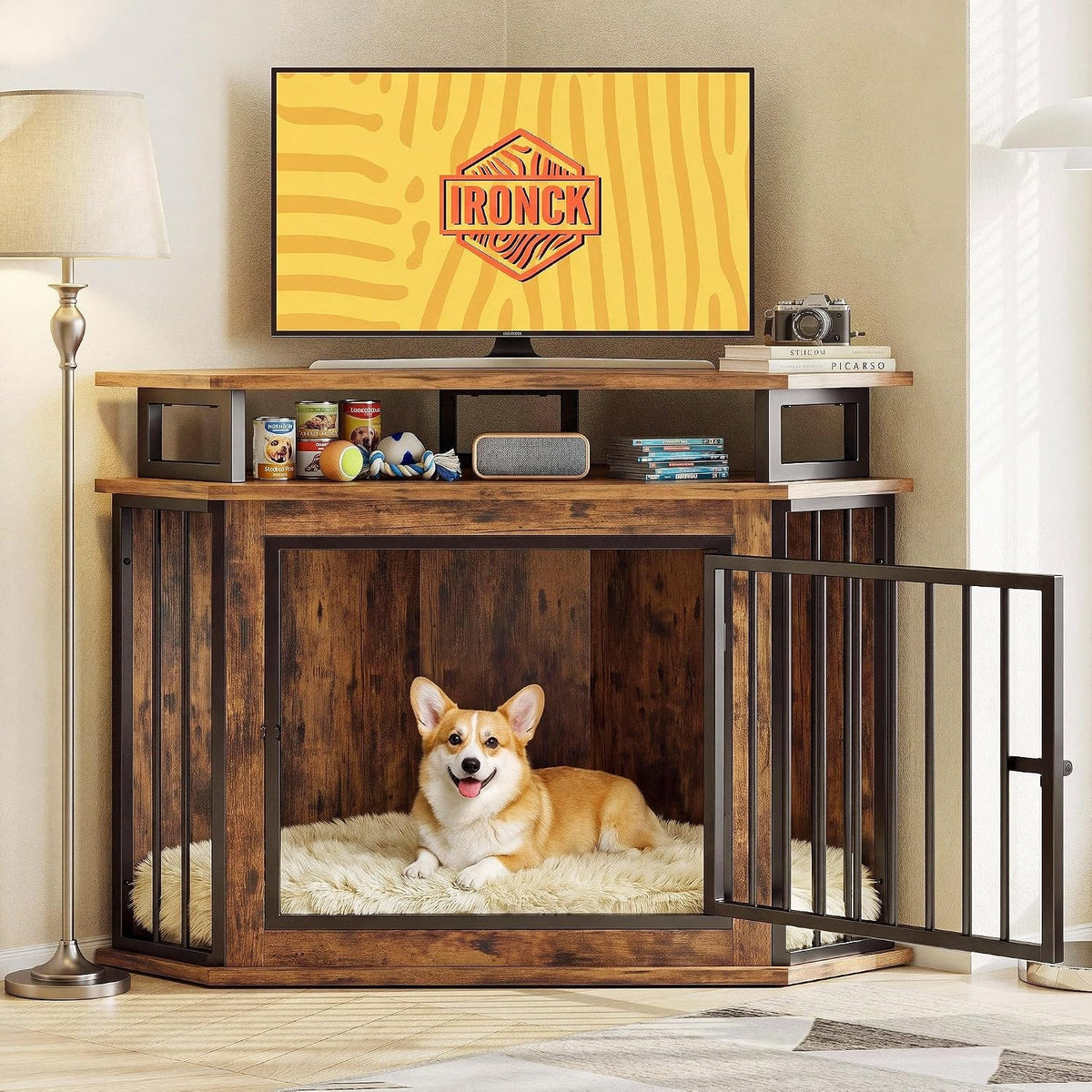 IRONCK 43.3" Corner Dog Crate Furniture with 2-Tier Shelves Rustic Brown