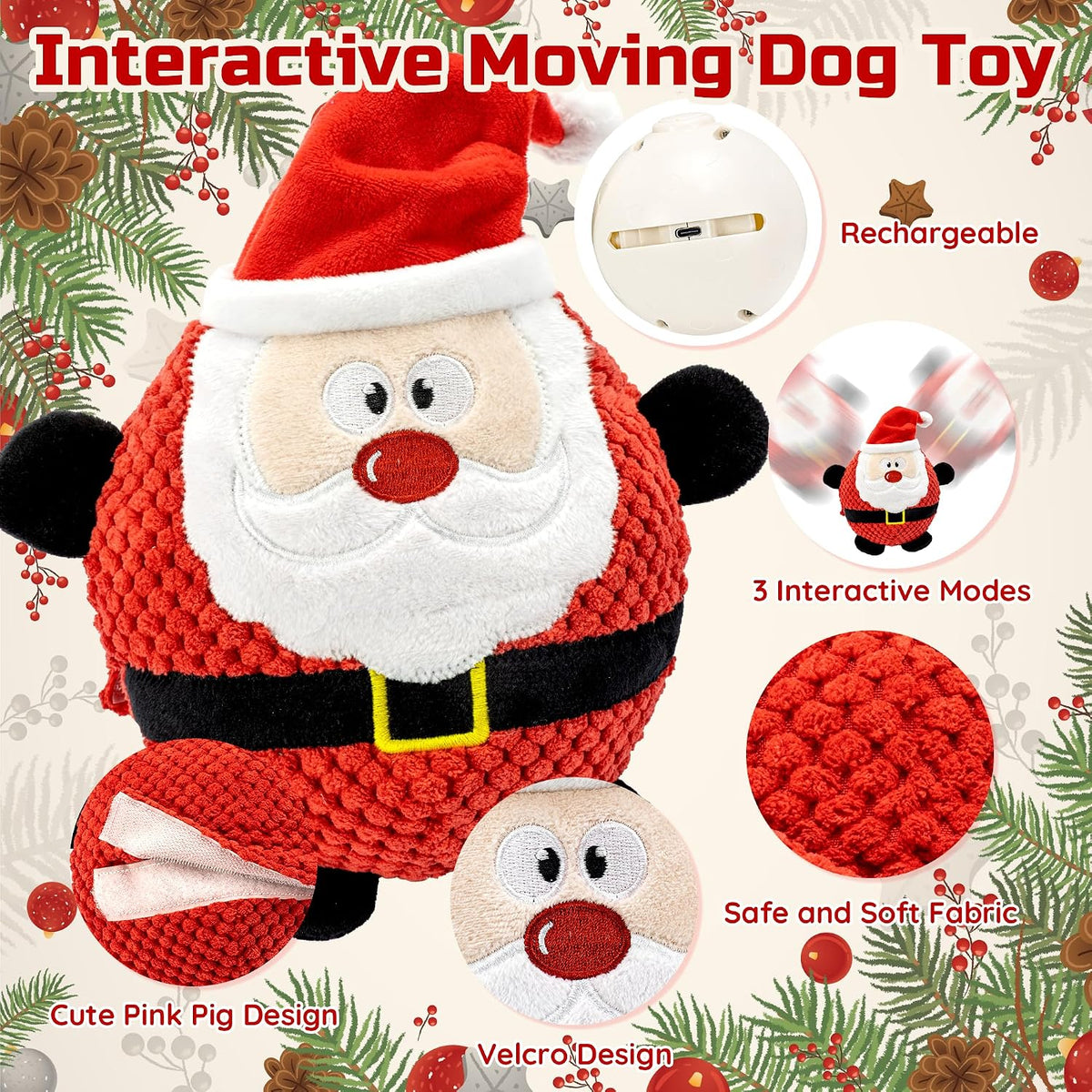 Interactive Moving Christmas Dog Toy, Rechargeable Automatic Jumping Squeaky Puppy Toy with Recording & Music Modes, Sel