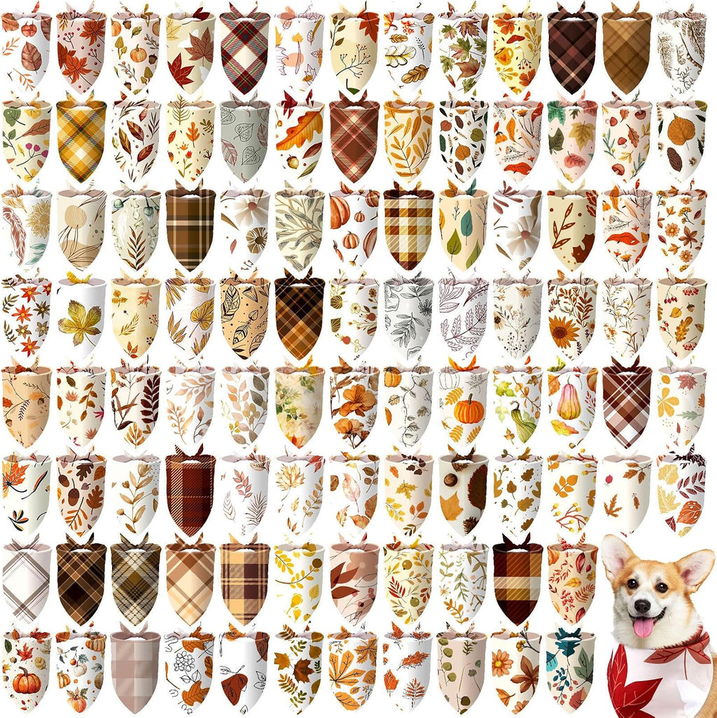 Huhumy 100 Pcs Thanksgiving Fall Dog Bandanas Bulk Fall Bandana for Dogs