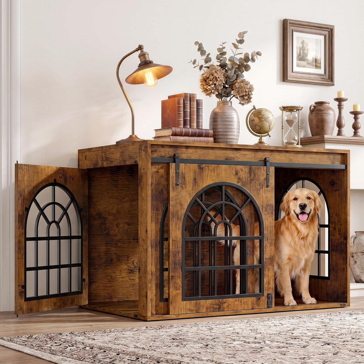 IRONCK 45.1" Dog Crate Furniture with Sliding Barn Door (Brown)