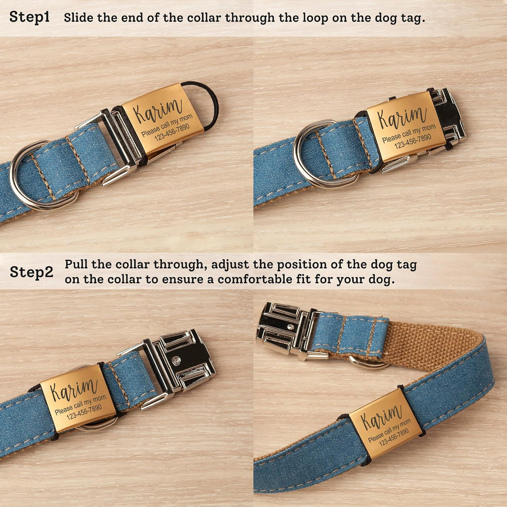 Slide On Silent Pet ID Tags, S/M/L/XL Personalized Stainless Steel Cat Dog Tag with Elastic Fabric Band, Engraved Namepl
