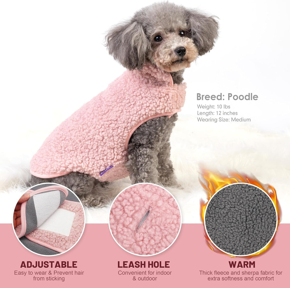 Sherpa Dog Coat Reversible Dog Jackets for Small Dogs, Pink, M