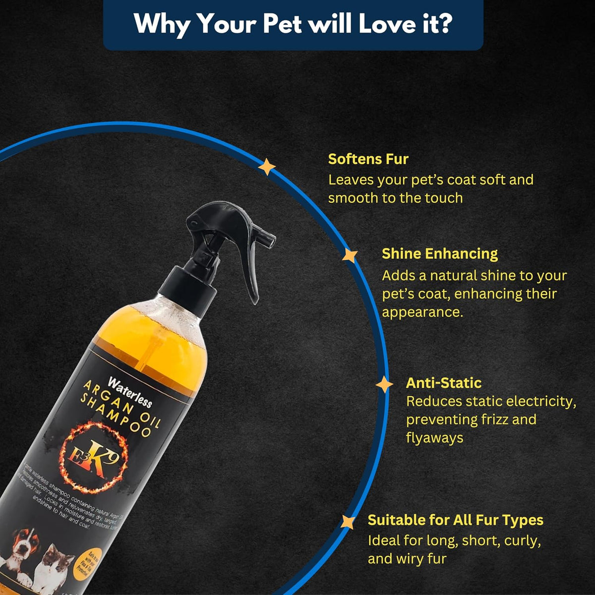 E3K9 Waterless Dog Shampoo 16 oz - Argan Oil Scented Dry Shampoo for Dogs & Cats - No Rinse - Waterless Pet Shampoo for 