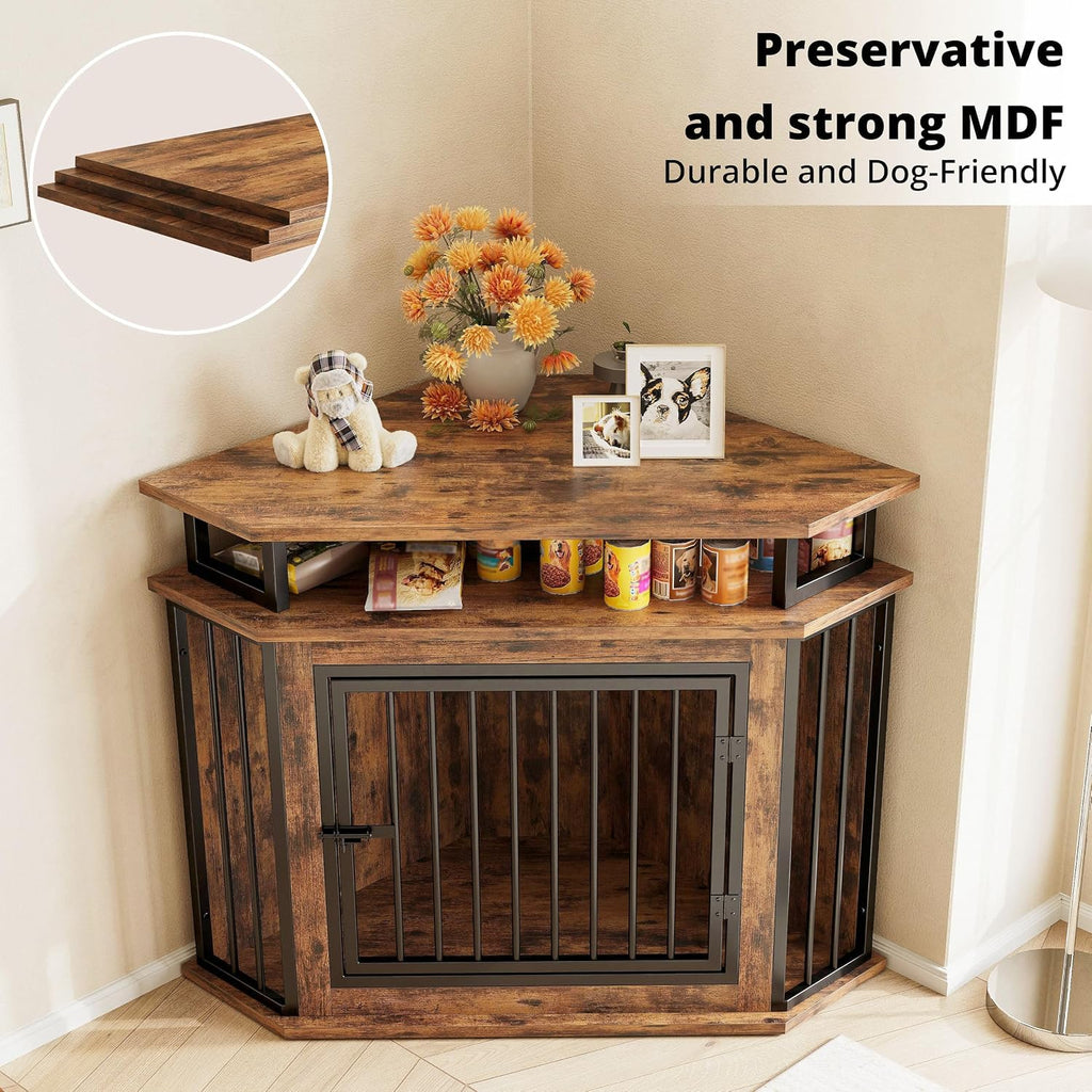 IRONCK 43.3" Corner Dog Crate Furniture with 2-Tier Shelves Rustic Brown