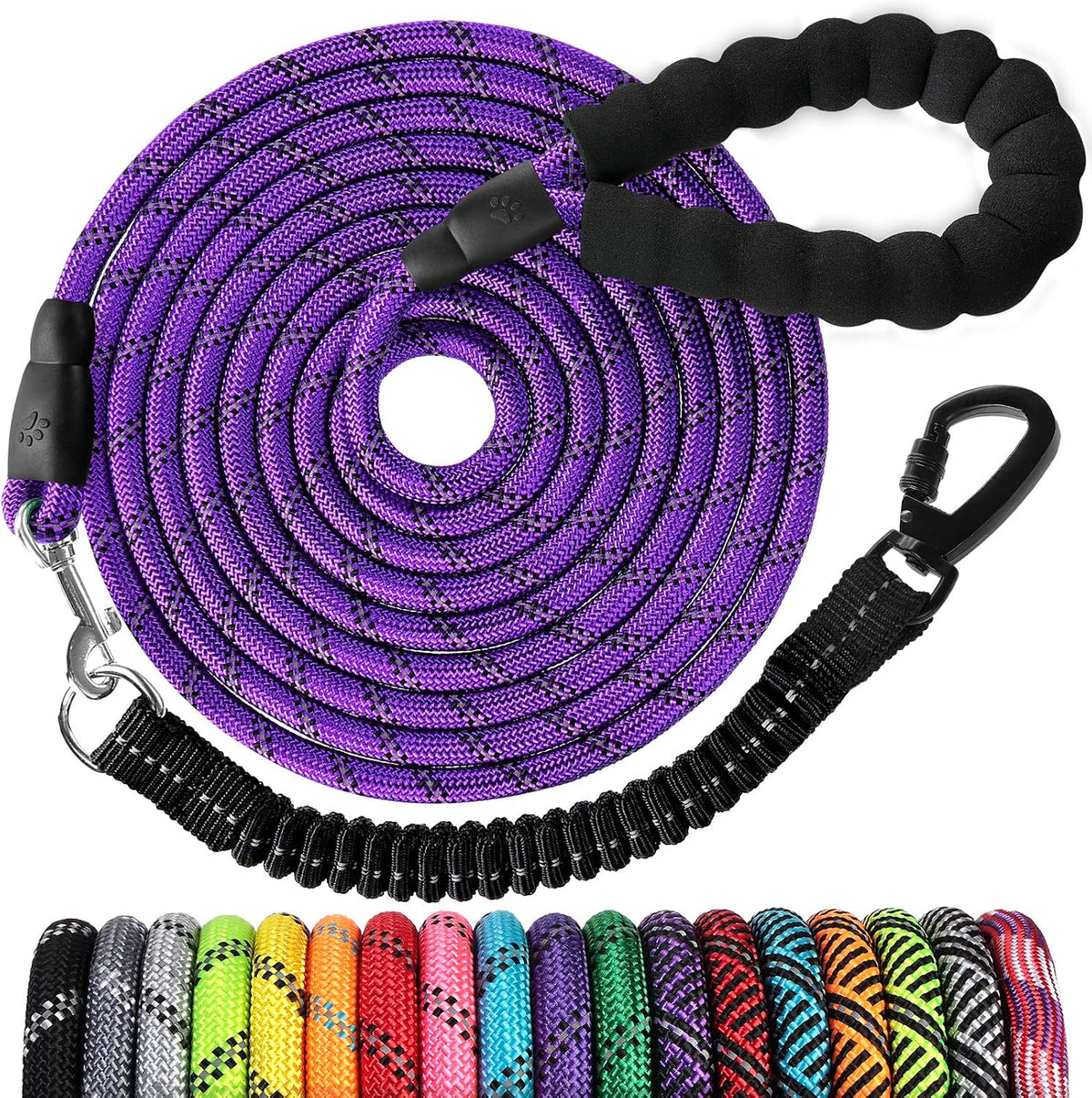 Long Dog Leash 10 FT: Heavy Duty Rope Leashes for Dogs Training with Swivel Lockable Hook Reflective Threads Bungee and 