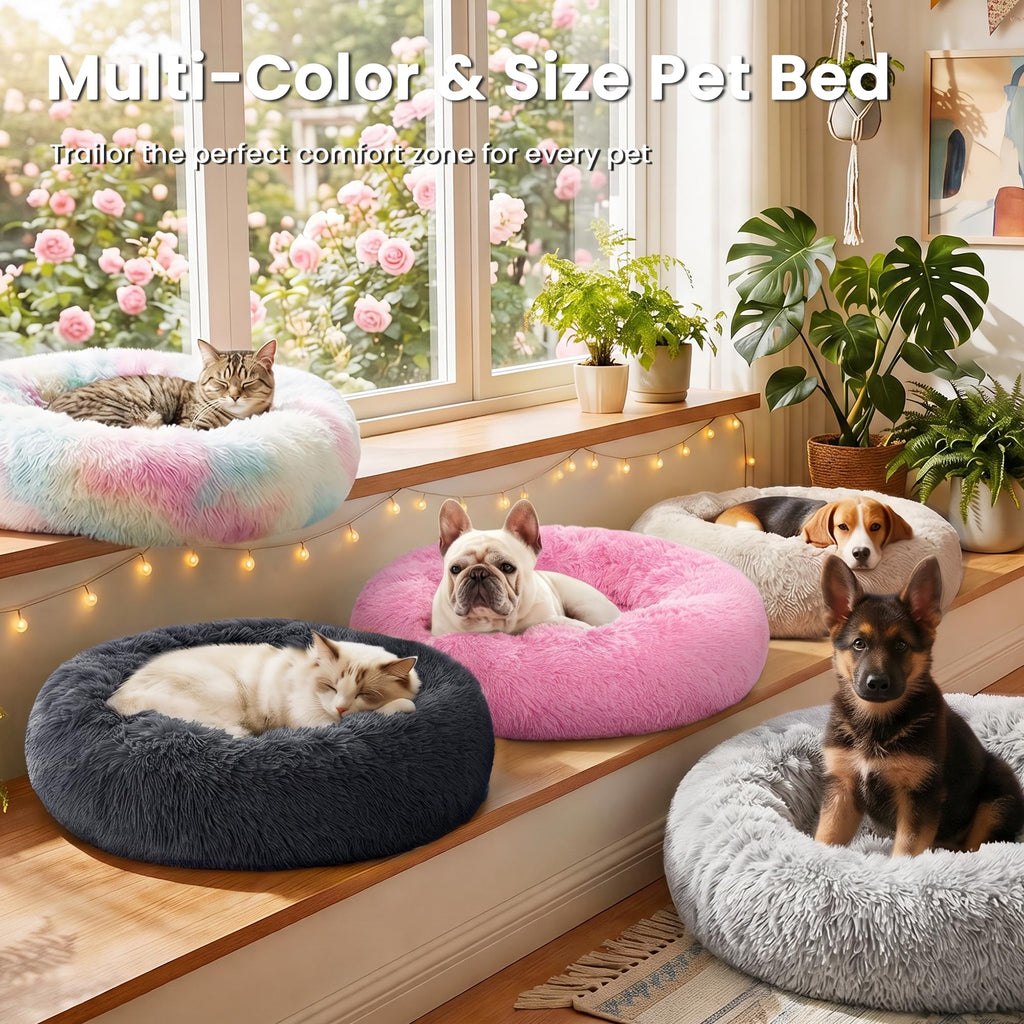 Love's cabin Calming Cat Bed for Indoor Cats, Anti-Anxiety Donut Round Dog Bed, Fluffy Faux Fur Washable Pet Bed for Small Medium Dogs and Cats, Grey, 20in