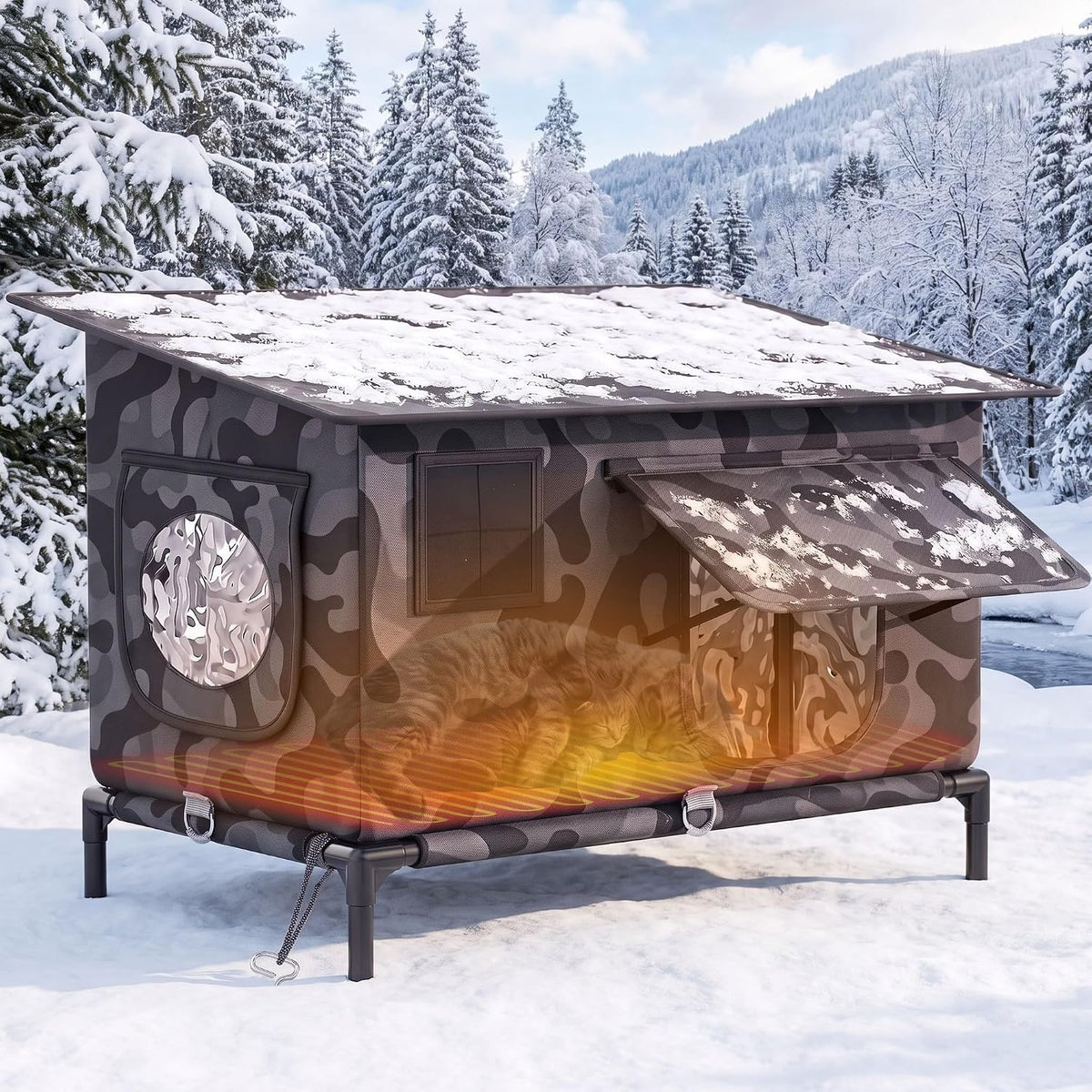 DWVO 23.6in Heated Cat House with Heated Pad for Outdoor in Winter
