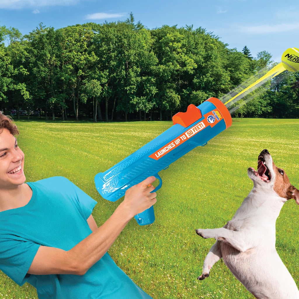 Nerf Dog 16in EXO Blaster Without Ball Clip and 2.5in Non-Squeak Tennis Ball 4-Pack Dog Toy - Light Blue/Orange and Gree
