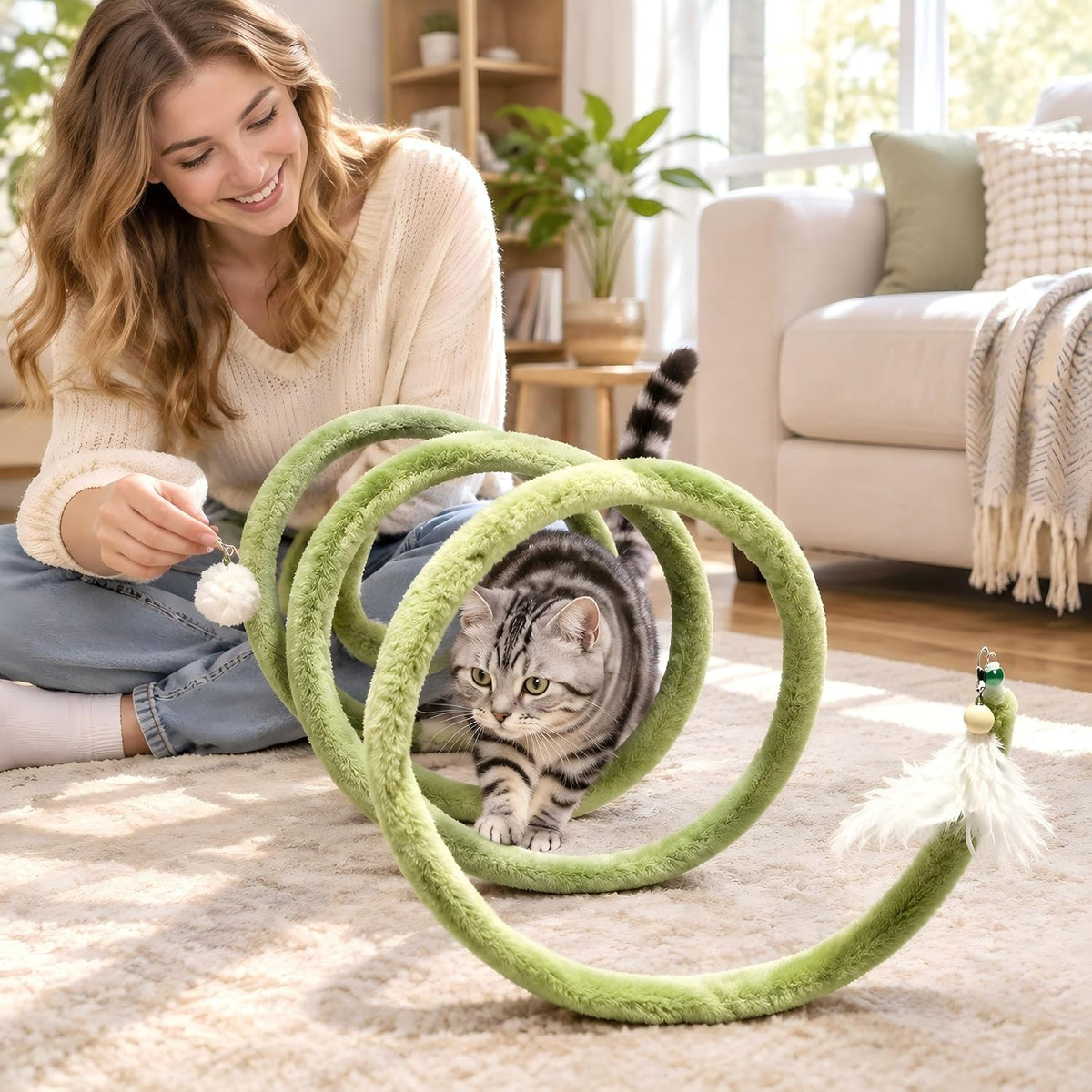Shapeable Bendable Plush Spiral Cat Tunnel Toy with Bell & Feather 28*12in
