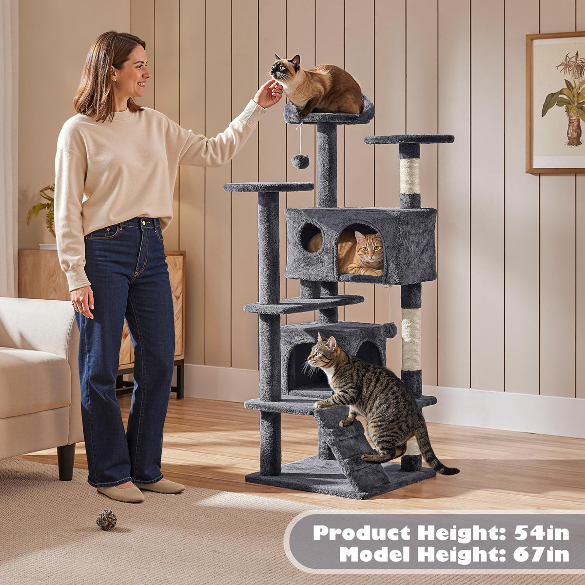 Yaheetech 54in Cat Tree Tower, 2 Caves, Kitten-Ear Perch & Scratching Posts